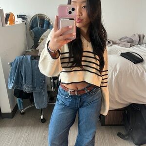 H&M Cream and Black Striped V-Neck Sweater